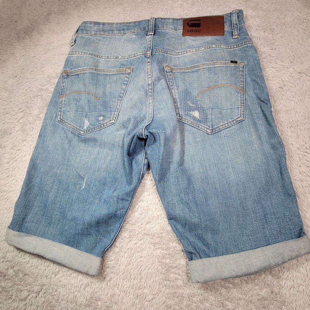 G-Star Raw 3301 Denim Straight Shorts Jorts Blue Mens 31 Distressed Button Fly